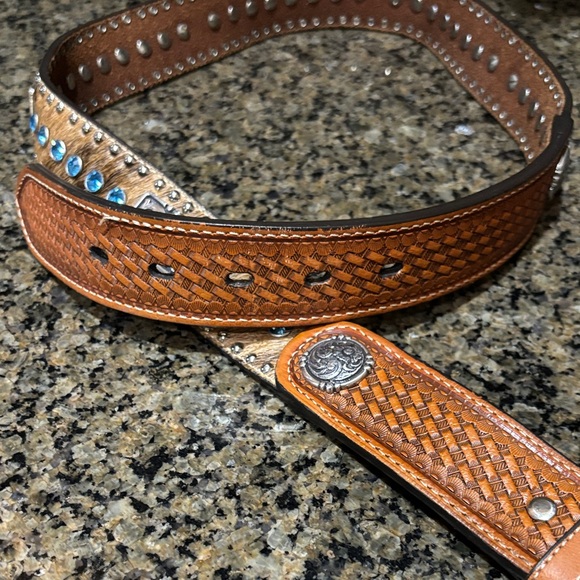 Nocona Brown Leather Belt with Blue Accents sz 36 main image 5